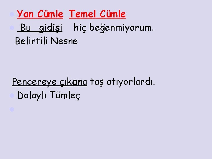 l Yan Cümle Temel Cümle l Bu gidişi hiç beğenmiyorum. Belirtili Nesne Pencereye çıkana