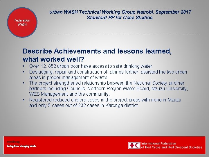 Urban WASH Technical Working Group Nairobi, September 2017 Federation Health WASH Wat. San/EH Standard