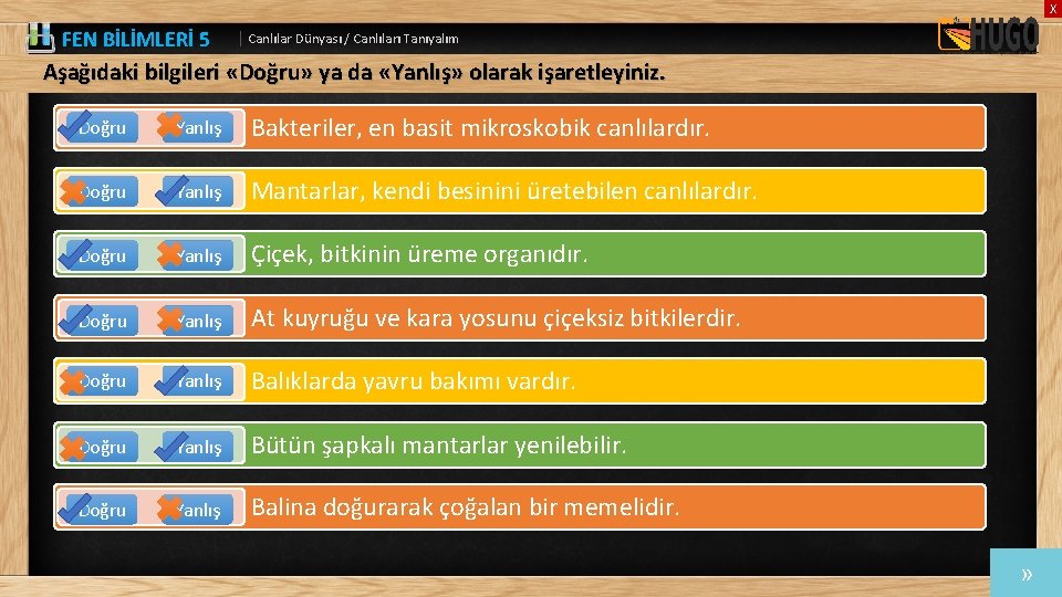 X FEN BİLİMLERİ 5 | Canlılar Dünyası / Canlıları Tanıyalım Aşağıdaki bilgileri «Doğru» ya
