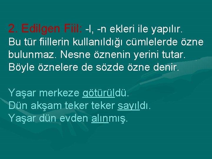 2. Edilgen Fiil: -l, -n ekleri ile yapılır. Bu tür fiillerin kullanıldığı cümlelerde özne