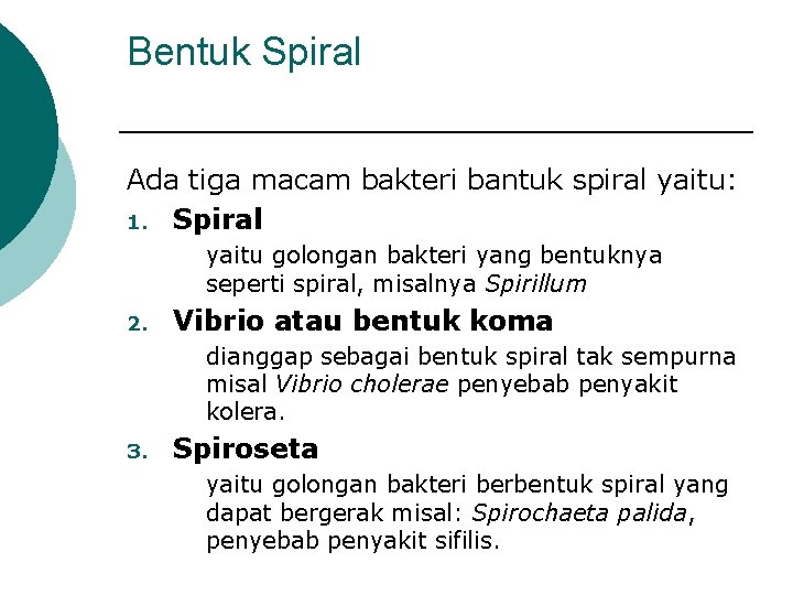 Bentuk Spiral Ada tiga macam bakteri bantuk spiral yaitu: 1. Spiral yaitu golongan bakteri
