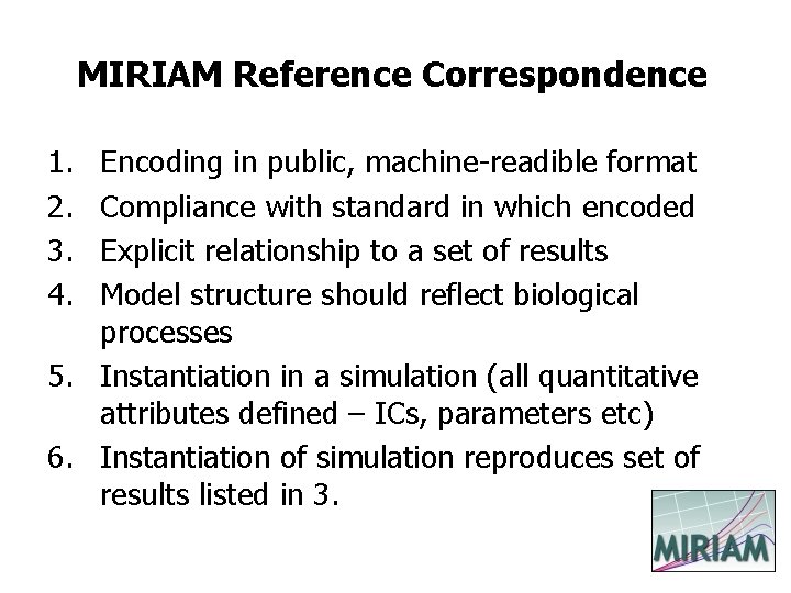 MIRIAM Reference Correspondence 1. 2. 3. 4. Encoding in public, machine-readible format Compliance with