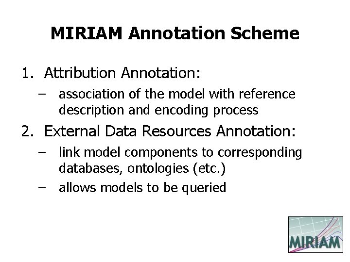 MIRIAM Annotation Scheme 1. Attribution Annotation: – association of the model with reference description