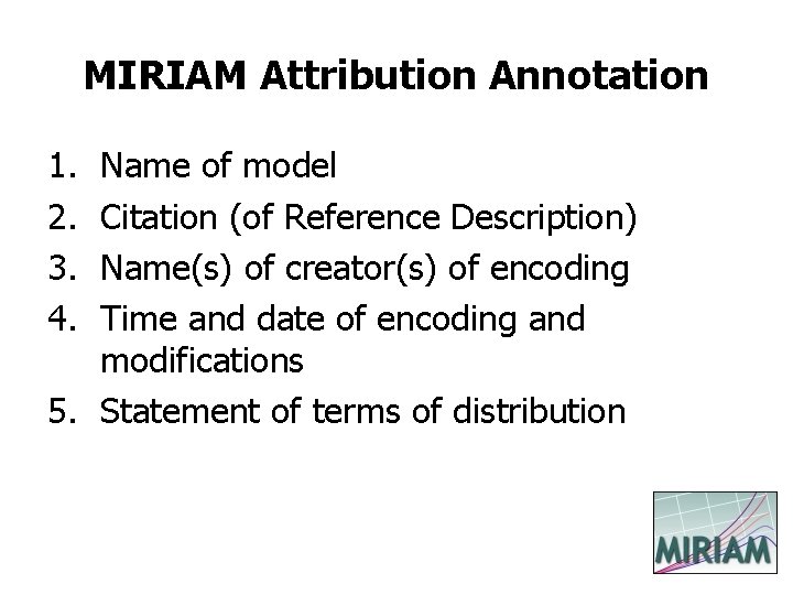 MIRIAM Attribution Annotation 1. 2. 3. 4. Name of model Citation (of Reference Description)