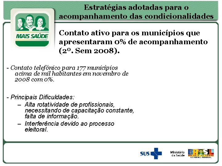 Estratégias adotadas para o acompanhamento das condicionalidades Contato ativo para os municípios que apresentaram