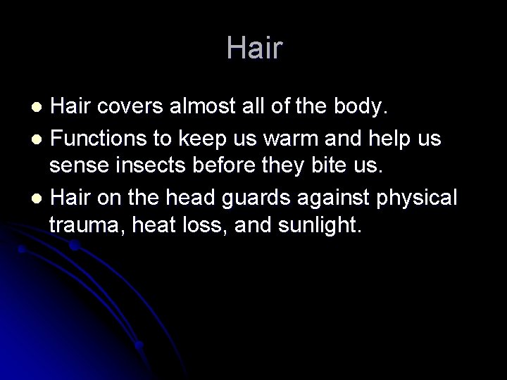 Hair covers almost all of the body. l Functions to keep us warm and
