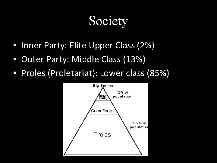 Society • Inner Party: Elite Upper Class (2%) • Outer Party: Middle Class (13%)