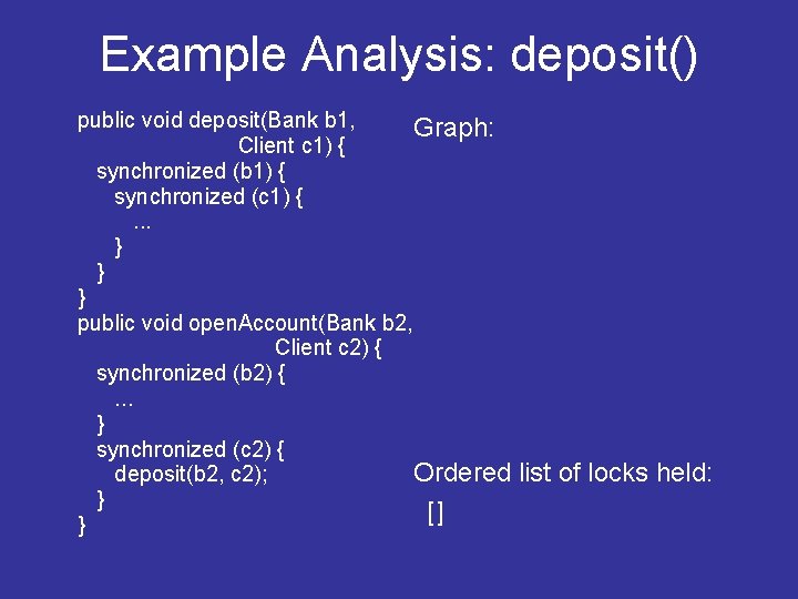 Example Analysis: deposit() public void deposit(Bank b 1, Graph: Client c 1) { synchronized