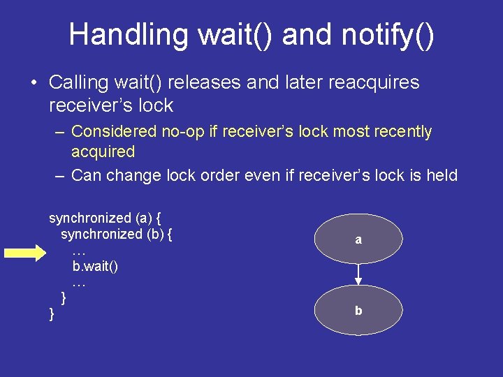 Handling wait() and notify() • Calling wait() releases and later reacquires receiver’s lock –