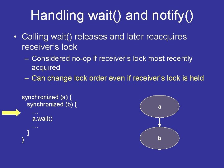 Handling wait() and notify() • Calling wait() releases and later reacquires receiver’s lock – Handling wait() and notify() • Calling wait() releases and later reacquires receiver’s lock –