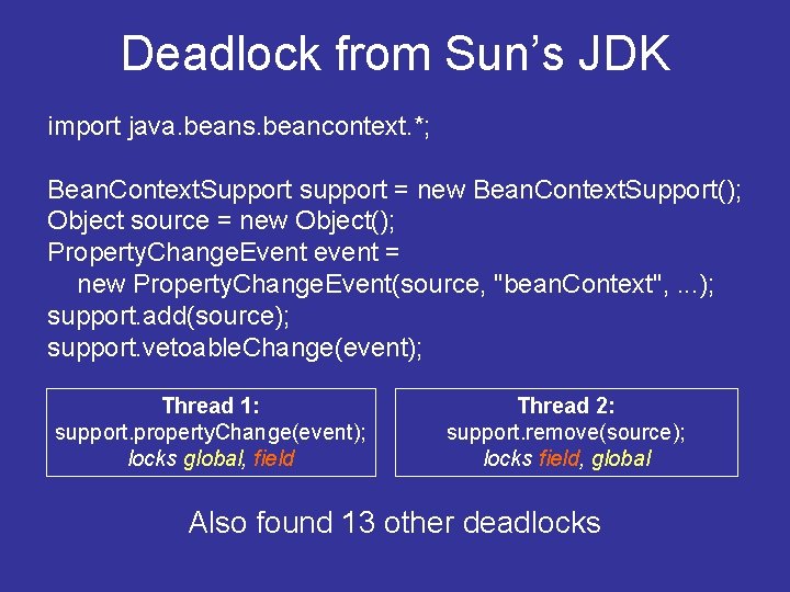 Deadlock from Sun’s JDK import java. beans. beancontext. *; Bean. Context. Support support =