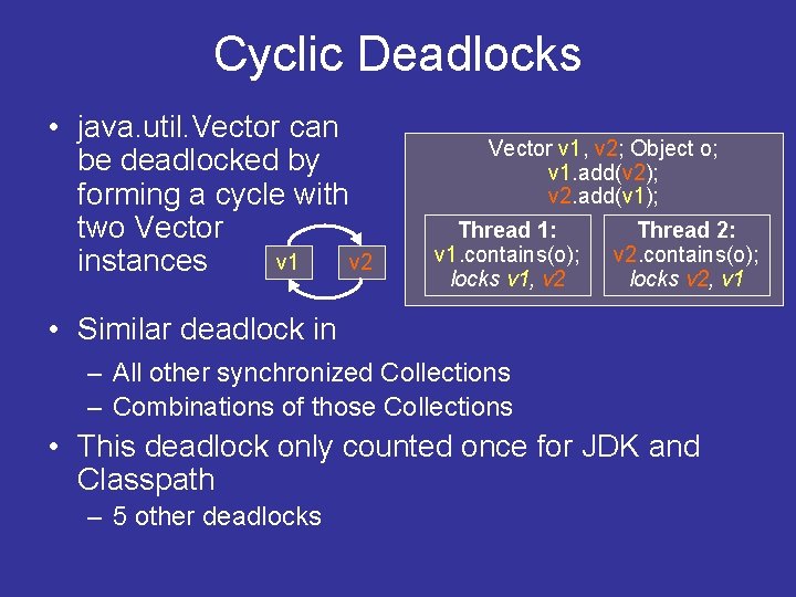 Cyclic Deadlocks • java. util. Vector can be deadlocked by forming a cycle with