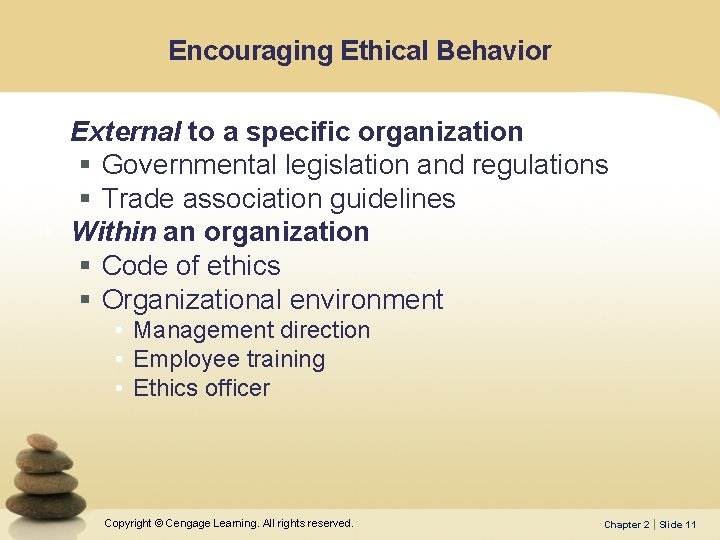 Encouraging Ethical Behavior • External to a specific organization § Governmental legislation and regulations