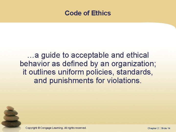 Code of Ethics …a guide to acceptable and ethical behavior as defined by an
