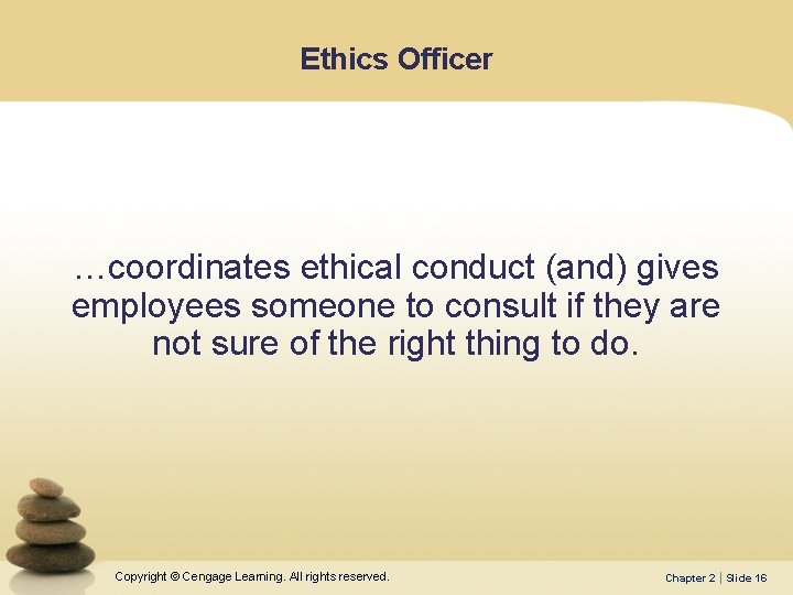 Ethics Officer …coordinates ethical conduct (and) gives employees someone to consult if they are
