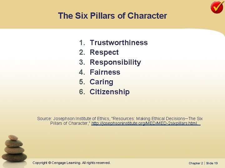 The Six Pillars of Character 1. 2. 3. 4. 5. 6. Trustworthiness Respect Responsibility