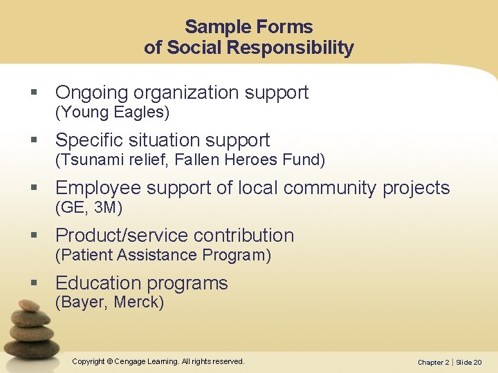 Sample Forms of Social Responsibility § Ongoing organization support (Young Eagles) § Specific situation