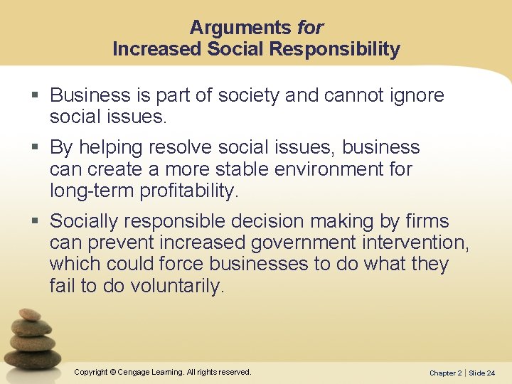 Arguments for Increased Social Responsibility § Business is part of society and cannot ignore