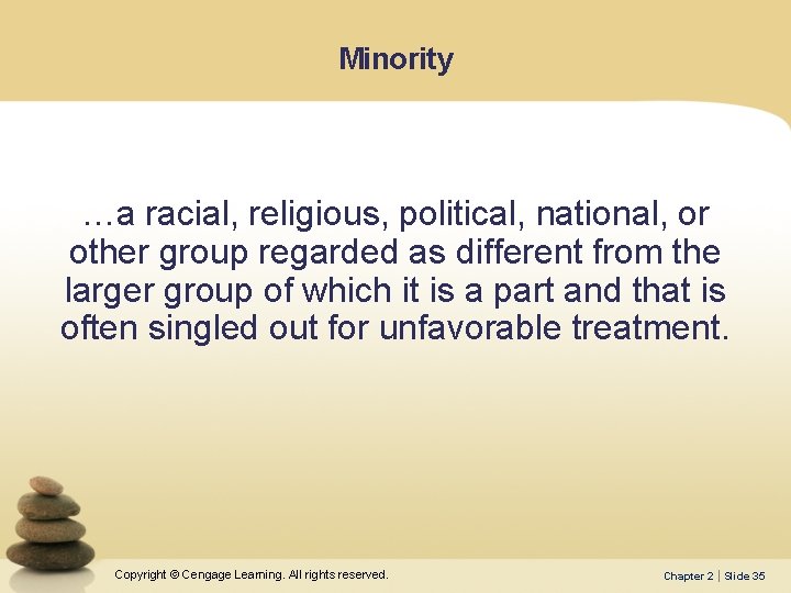Minority …a racial, religious, political, national, or other group regarded as different from the