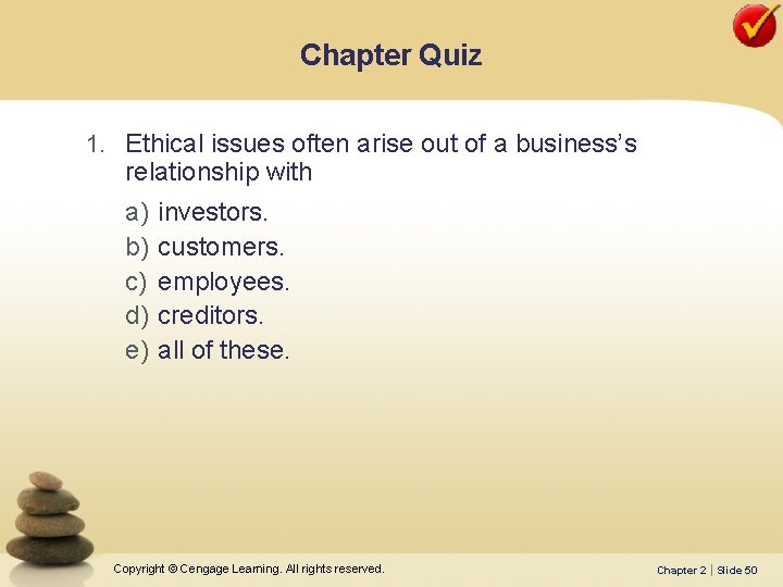 Chapter Quiz 1. Ethical issues often arise out of a business’s relationship with a)