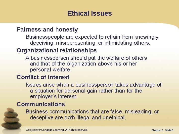 Ethical Issues Fairness and honesty Businesspeople are expected to refrain from knowingly deceiving, misrepresenting,