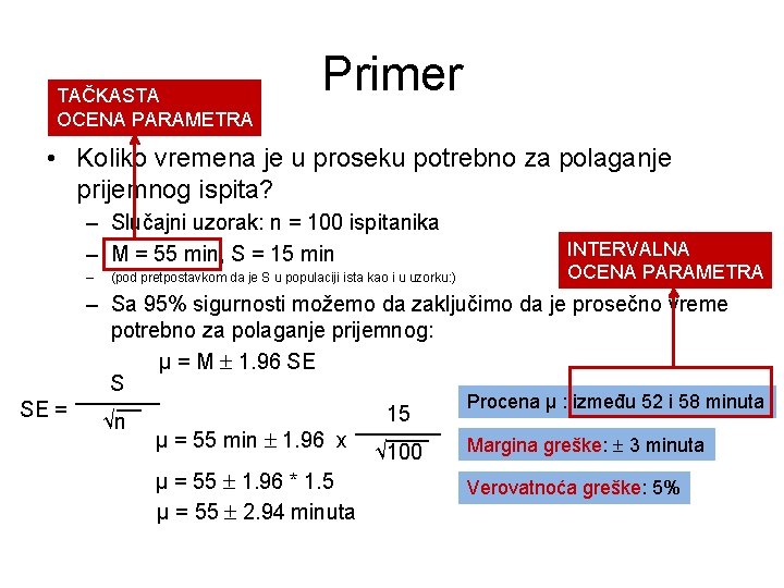 TAČKASTA OCENA PARAMETRA Primer • Koliko vremena je u proseku potrebno za polaganje prijemnog