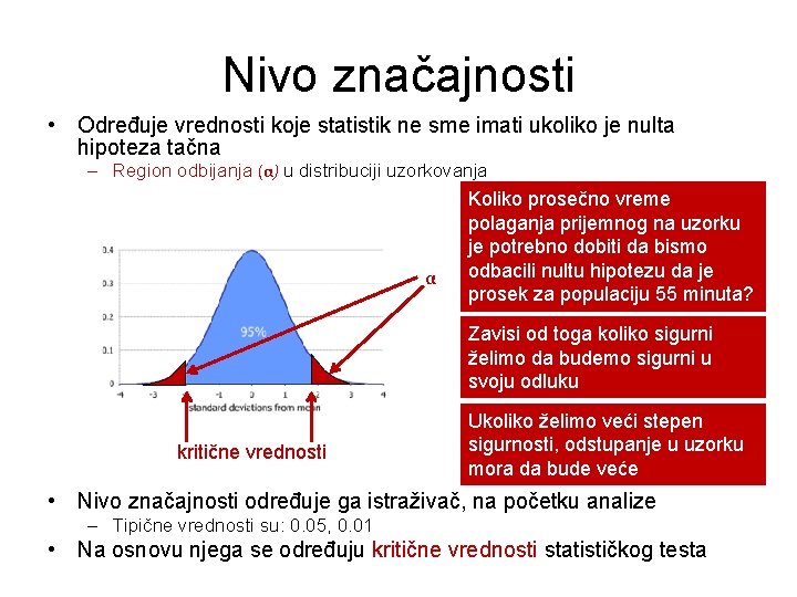 Nivo značajnosti • Određuje vrednosti koje statistik ne sme imati ukoliko je nulta hipoteza