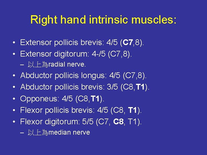 Right hand intrinsic muscles: • Extensor pollicis brevis: 4/5 (C 7, 8). • Extensor