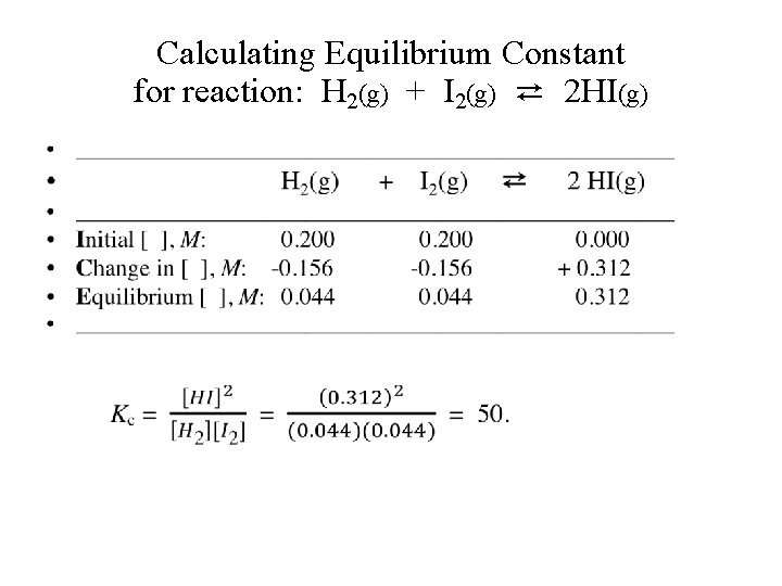 Calculating Equilibrium Constant for reaction: H 2(g) + I 2(g) ⇄ 2 HI(g) •