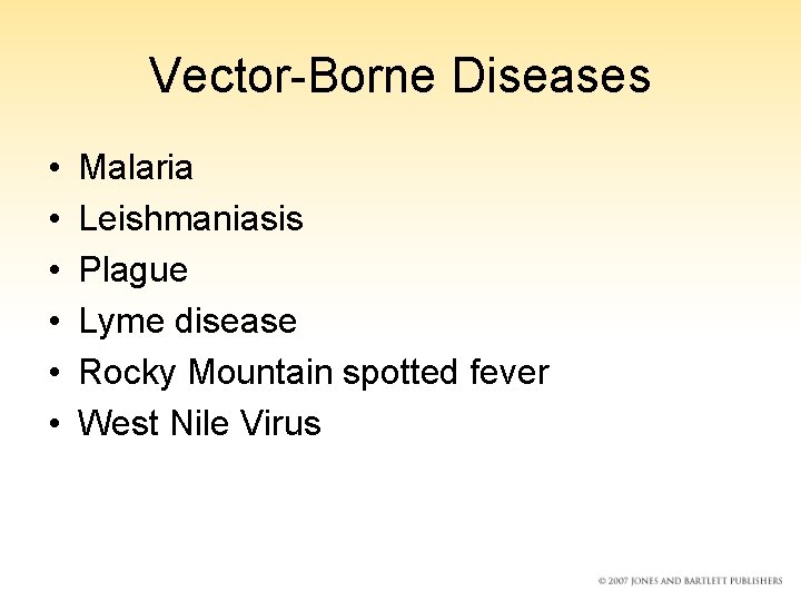 Vector-Borne Diseases • • • Malaria Leishmaniasis Plague Lyme disease Rocky Mountain spotted fever