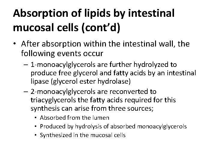 Absorption of lipids by intestinal mucosal cells (cont’d) • After absorption within the intestinal