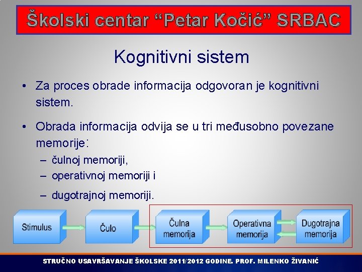 Školski centar “Petar Kočić” SRBAC Kognitivni sistem • Za proces obrade informacija odgovoran je