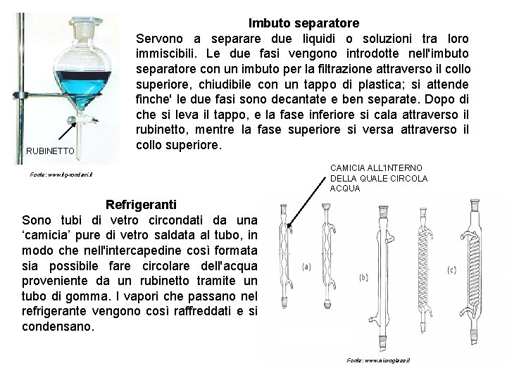 RUBINETTO Imbuto separatore Servono a separare due liquidi o soluzioni tra loro immiscibili. Le