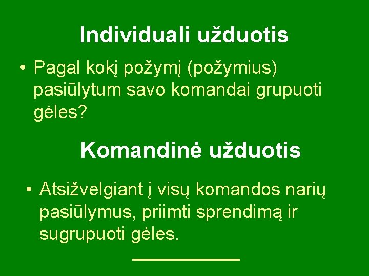 Individuali užduotis • Pagal kokį požymį (požymius) pasiūlytum savo komandai grupuoti gėles? Komandinė užduotis