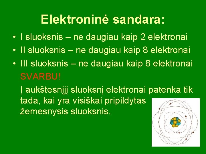 Elektroninė sandara: • I sluoksnis – ne daugiau kaip 2 elektronai • II sluoksnis