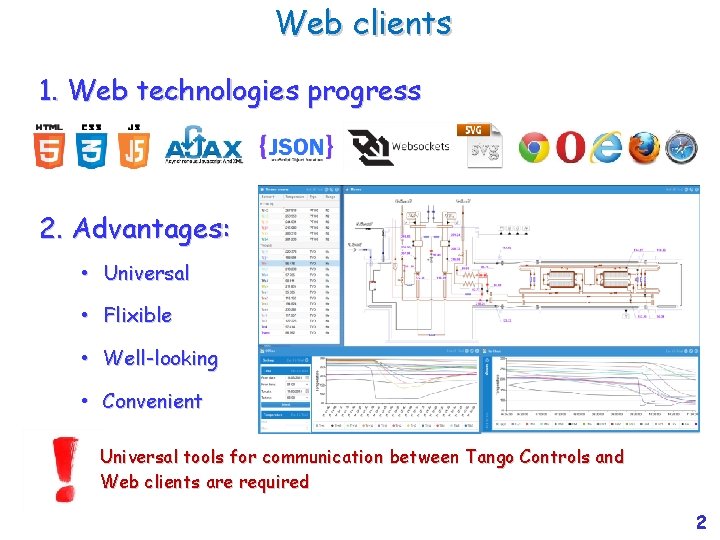 Web clients 1. Web technologies progress 2. Advantages: • Universal • Flixible • Well-looking