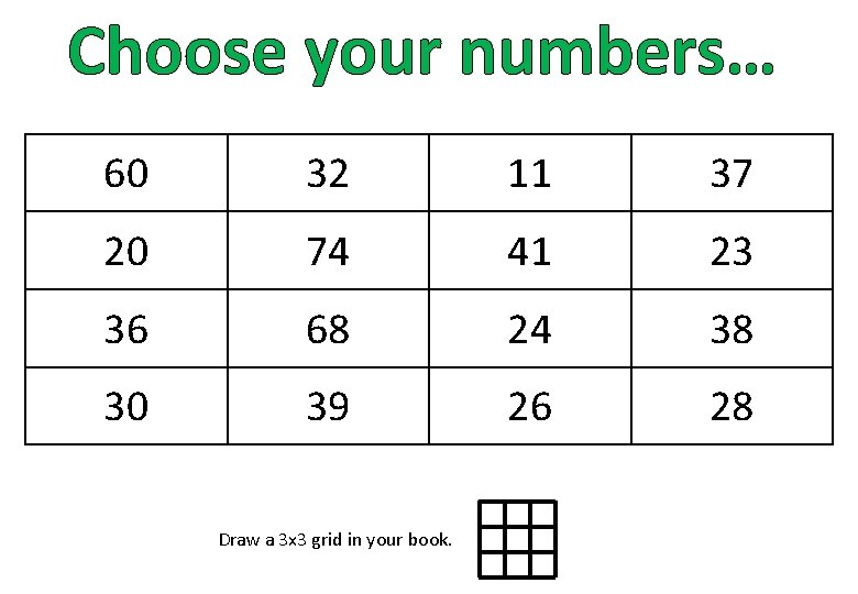 Choose your numbers… 60 32 11 37 20 74 41 23 36 68 24