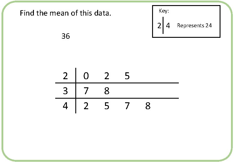 Key: Find the mean of this data. 2 4 36 2 3 4 0