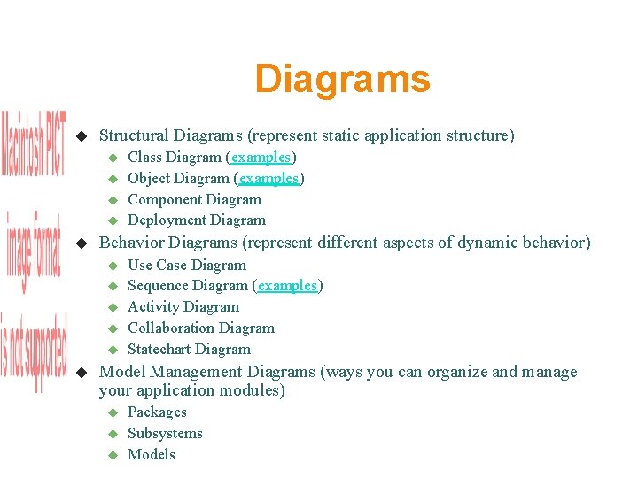 Diagrams Structural Diagrams (represent static application structure) Behavior Diagrams (represent different aspects of dynamic