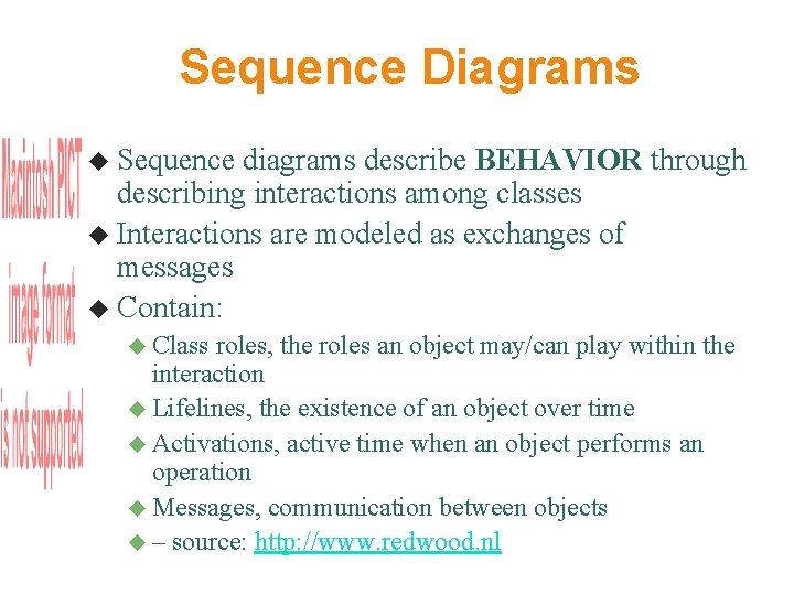 Sequence Diagrams Sequence diagrams describe BEHAVIOR through describing interactions among classes Interactions are modeled