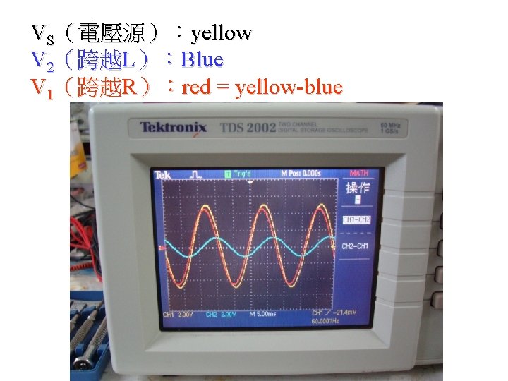 VS（電壓源）：yellow V 2（跨越L）：Blue V 1（跨越R）：red = yellow-blue 