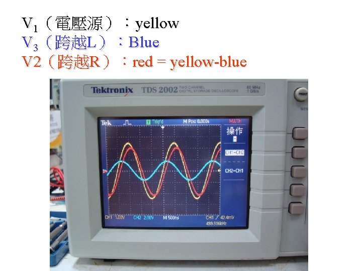 V 1（電壓源）：yellow V 3（跨越L）：Blue V 2（跨越R）：red = yellow-blue 