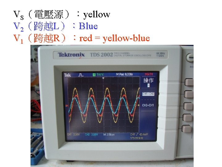 VS（電壓源）：yellow V 2（跨越L）：Blue V 1（跨越R）：red = yellow-blue 