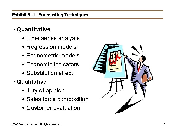 Exhibit 9– 1 Forecasting Techniques • Quantitative • Time series analysis • Regression models