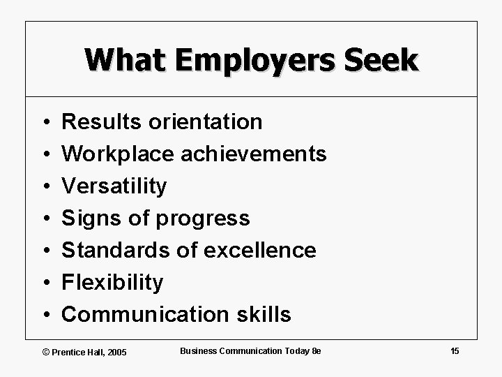 What Employers Seek • • Results orientation Workplace achievements Versatility Signs of progress Standards