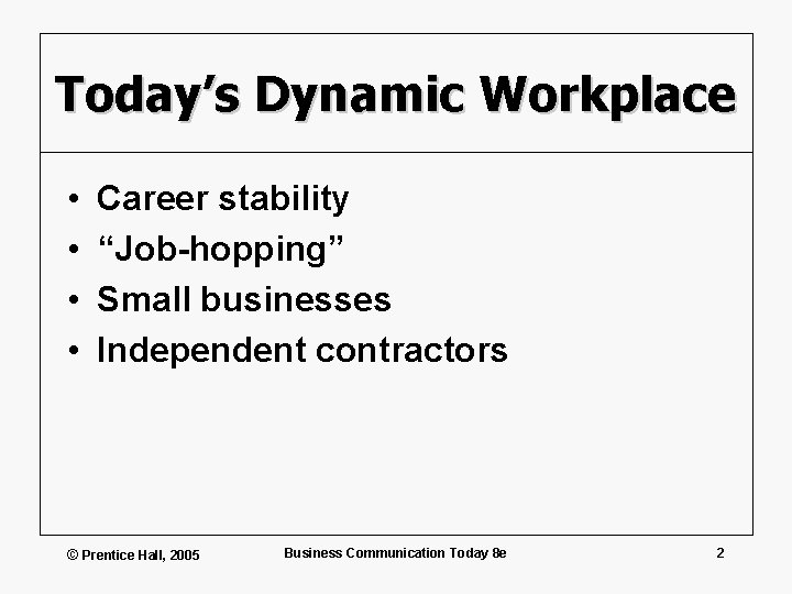 Today’s Dynamic Workplace • • Career stability “Job-hopping” Small businesses Independent contractors © Prentice