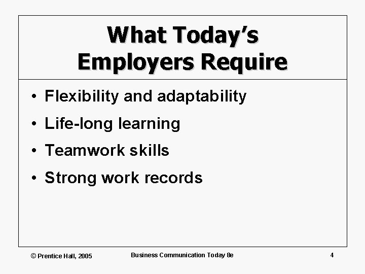 What Today’s Employers Require • Flexibility and adaptability • Life-long learning • Teamwork skills