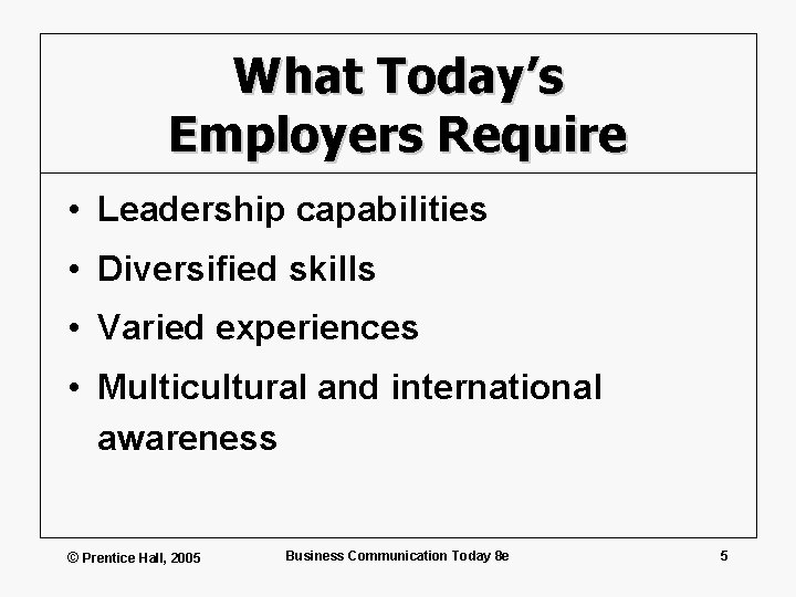 What Today’s Employers Require • Leadership capabilities • Diversified skills • Varied experiences •