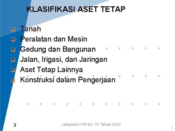 KLASIFIKASI ASET TETAP q q q 3 Tanah Peralatan dan Mesin Gedung dan Bangunan