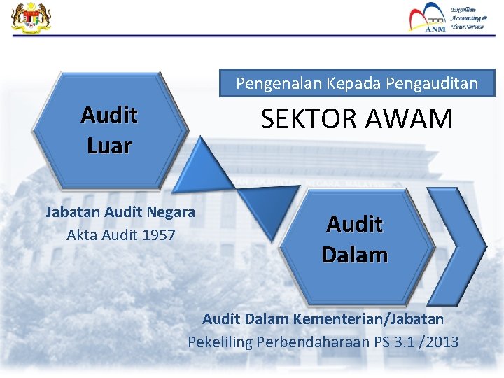 Pengenalan Kepada Pengauditan SEKTOR AWAM Audit Luar Jabatan Audit Negara Akta Audit 1957 Audit